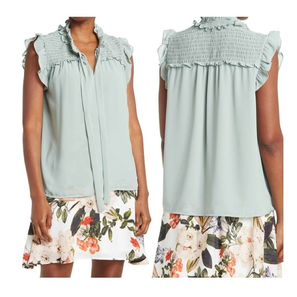 Pleione Smocked Ruffle Sleeve Tie Detail Pastel‎ Mint Blouse Size Large